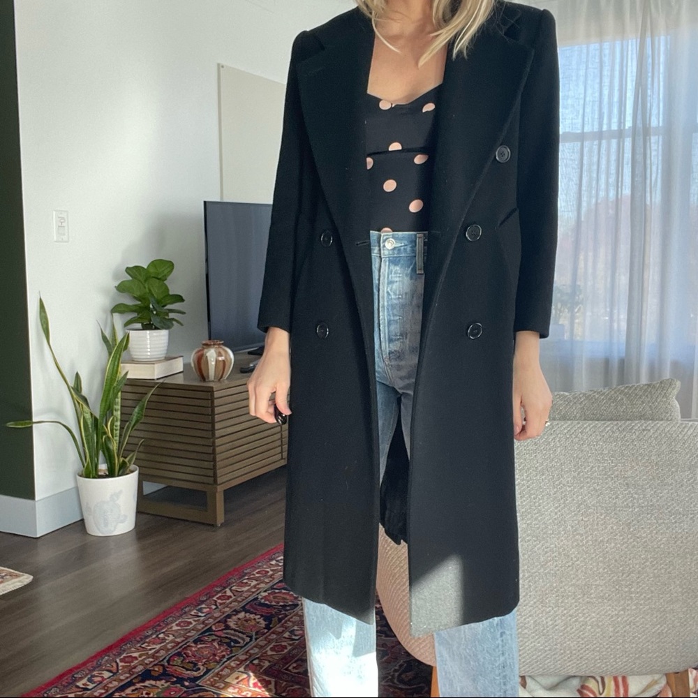 Black Wool Coat Vintage Long Jacket Double Breasted Collared by Jones New York S - Picture 5 of 9